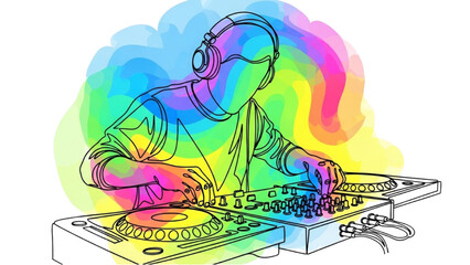 Continuous Black Line Art of Colorful DJ Mixing Tracks at Console with Headphones – Modern Music Party Illustration