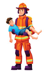 Strong fireman in a uniform holding and carrying a rescued boy in his arms after a dangerous accident. The savior is doing his best. Vector cartoon illustration