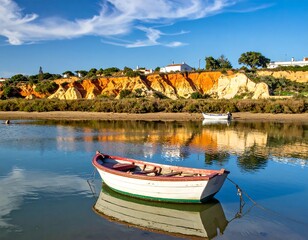 A small boat floats peacefully on calm water, with colorful cliffs
