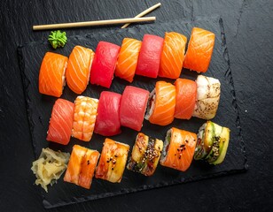 A platter displays various sushi rolls with wasabi and pickled ginger