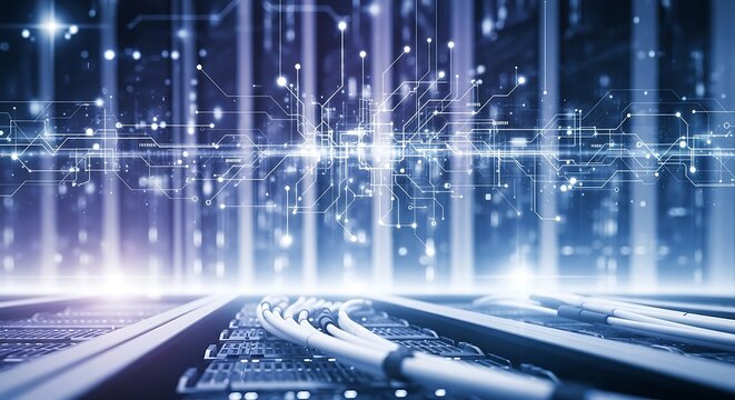 Abstract digital circuit board with glowing blue lines and data flow in a server room technology