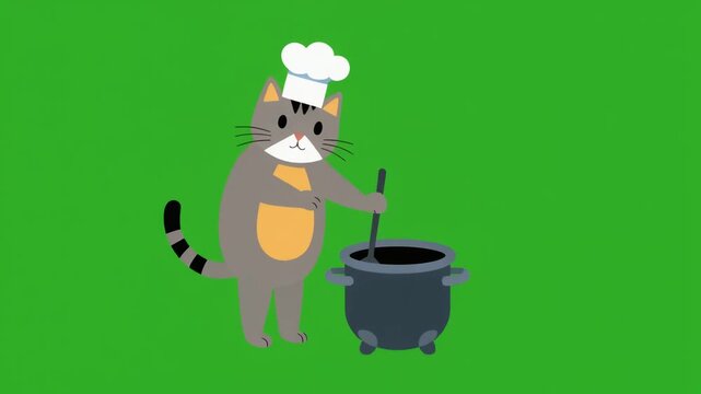 Cute gray tabby cat chef character in a tall white hat stirring a large black pot with a spoon, flat design vector illustration on a green screen for animation