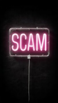 Neon Scam Sign: A vibrant neon sign spells out SCAM in bright pink, creating a stark contrast against a dark, textured background, conveying a message of caution and warning.