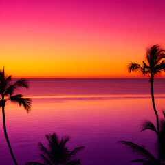 Tropical sunset over the ocean with palm trees, vibrant colors and peaceful atmosphere