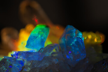 Quartz crystal fragments in blue prism light