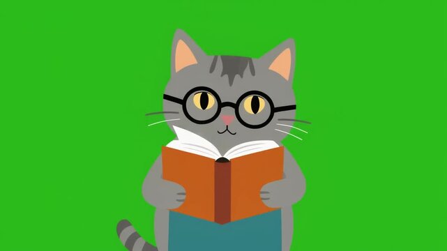 Bookworm Cat Illustration A Smart Feline Friend Reading with Glasses on Green Screen Background