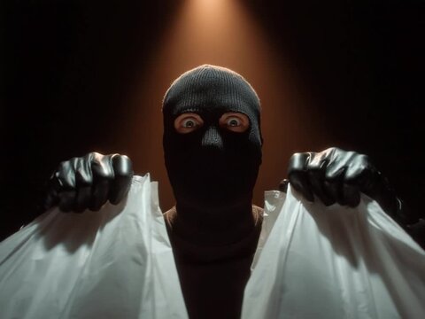 Mystery Unveiled: A figure concealed in a balaclava, enveloped in shadow and the unsettling glare of a spotlight, reveals two enigmatic white sheets.