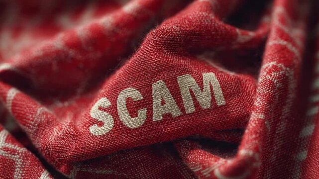 Scam Alert: A close-up shot of a red fabric bearing the word SCAM boldly inscribed, warning the audience of deceit and fraudulent schemes.