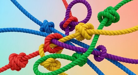 Colorful intertwined ropes tied in various knots against a gradient background connection