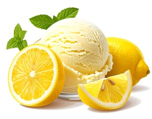 A vibrant, appetizing illustration features a scoop of creamy dessert next to fresh lemons and mint leaves, isolated on a white background
