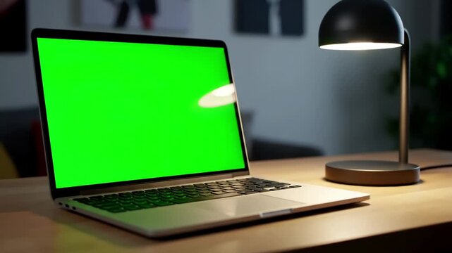 Green Screen laptop computer sitting on a home work desk next to lamp footage shot with red available in 4k and hd download the preview for free scene 1 distortion, overlay, glitch, static noise, scan