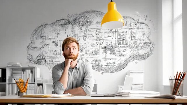 Creative Mind at Work: A contemplative individual is immersed in deep thought, seated at a desk, with a hand on the chin, a sketched thought bubble floating above.
