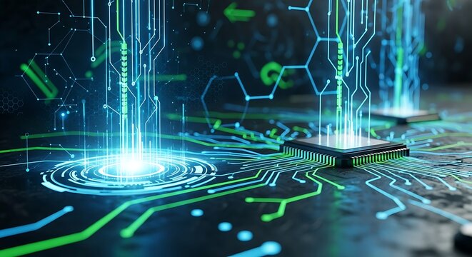Futuristic circuit board with glowing blue and green lines emanating from a central processor technology