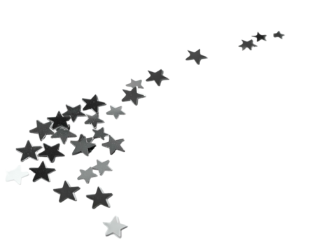 Silvery stars create a whimsical path on a black background, fading into distance