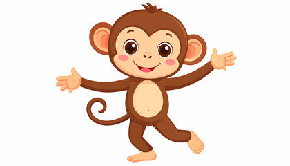 Fototapeta premium An adorable and cheerful baby monkey cartoon character standing with a happy smile and open arms. This cute little primate is isolated on a white background, ready for fun
