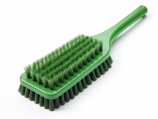 A green brush with a long handle