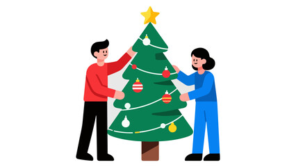 Decorating the Christmas Tree Together — Modern Flat Holiday Illustration