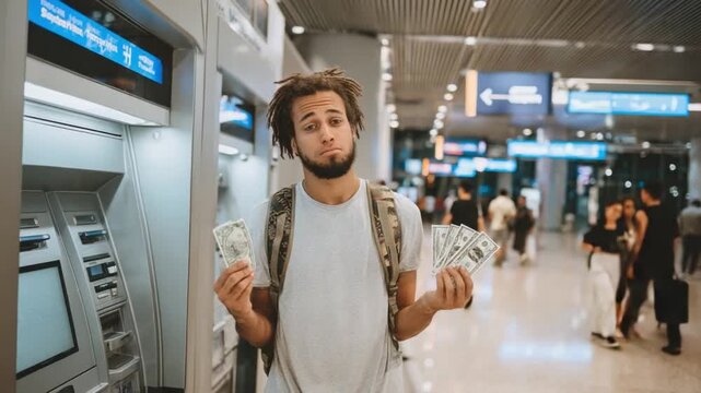 Uncertainty at the ATM: A traveler stands by an ATM, money in hand, with a bewildered expression, reflecting the financial unpredictability of modern life.
