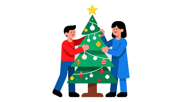 Holiday Trimming the Tree — Flat Family Christmas Illustration - Powered by Adobe