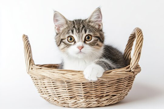A kitten sitting in a wicker basket