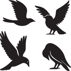 Four black bird silhouettes in various poses silhouette