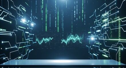 Futuristic Digital Data Stream and Circuit Board Abstract Background with Glowing Lines and Graphs technology