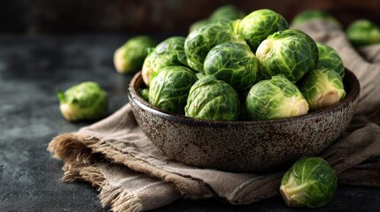 A bowl of fresh Brussels sprouts on a rustic cloth.