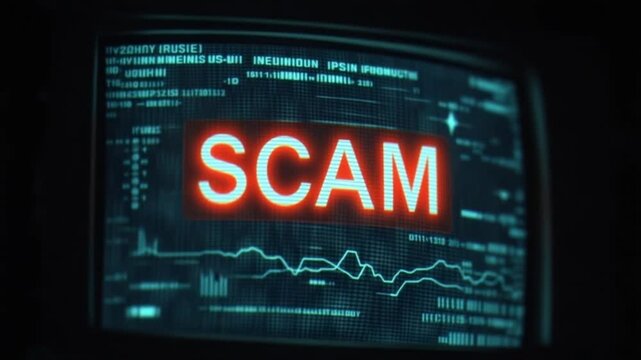 Alert: Scam Alert On Screen: A monitor screen boldly displays the word SCAM amidst complex data patterns, conveying a sense of digital deceit and warning.
