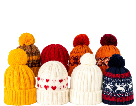 A collection of various colorful, knit winter hats with pom-poms on a transparent background