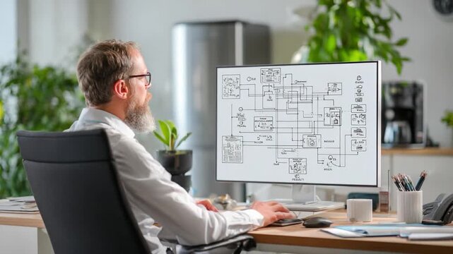 Engineering Workflow: A focused individual, absorbed in the intricacies of intricate technical plans, expertly navigates design software on a sleek computer display.