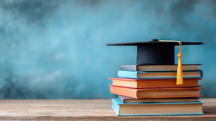 A graduation cap and books on a wooden table against a blue background.