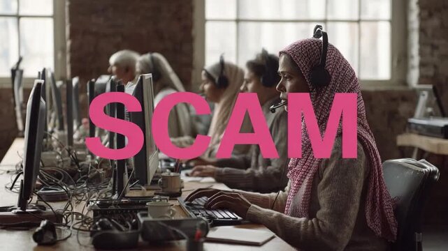 Tech Support Scam Operation: Depicts a call center, subtly highlighting individuals immersed in their work, raising questions about potential fraudulent activities.