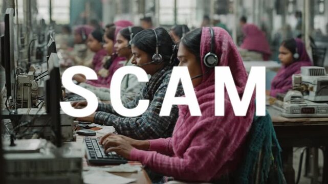 Call Center Scam Alert: A group of women, each with headsets, diligently work at computers within a call center setting.