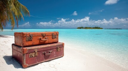 Two vintage suitcases on a tropical beach with a palm tree and clear blue water.