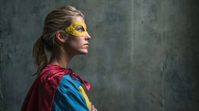 A young woman in a superhero costume with a yellow mask and red cape, standing against a concrete wall.