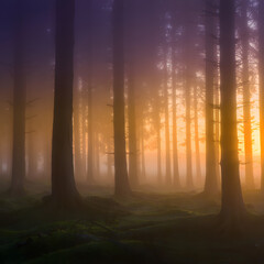 Mystical forest with fog and sunlight filtering through the trees, creating a serene atmosphere
