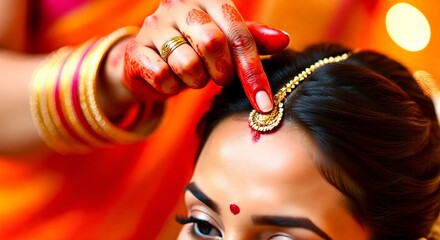 A close-up shot capturing the tender moment of a sister applying tikka on her brother's forehead during a traditional Indian festival, symbolizing love and togetherness