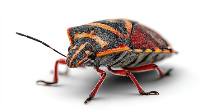 A colorful striped beetle on a white background.