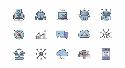 AI Technology Flat Icons Set – Minimal Vector Illustrations of Artificial Intelligence, Chatbot, Data, and Cloud Computing Concepts