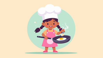 Little chef cooking fried egg in a pan with steam rising, playful illustration of a child enjoying culinary activities, perfect for food blogs and cooking websites