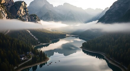 Misty mountain lake with reflections of evergreen trees and surrounding peaks shrouded in fog alpine lake