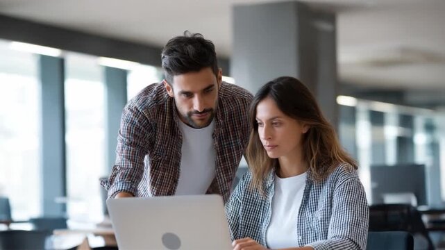 Collaboration and Guidance: A supportive scene unfolds as two colleagues work together, a mentor guiding a mentee through the intricacies of a laptop. The focus on teamwork and shared problem-solving.