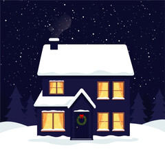 Naklejka premium Cozy Winter Night Scene with SnowCovered House and Warm Glowing Lights.