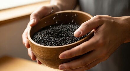 Hands holding a wooden bowl filled with black sesame seeds, with some seeds falling.