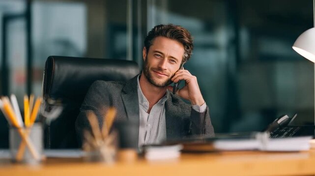 Successful Businessman on the Phone: A confident and successful businessman engaged in a phone conversation, the image exudes professionalism and a keen attention to business