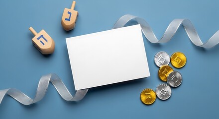 Hanukkah dreidels, gelt coins, ribbon and blank card on blue background jewish judaism