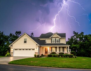 A two-story home is struck by a dramatic lightning bolt in a stormy sky