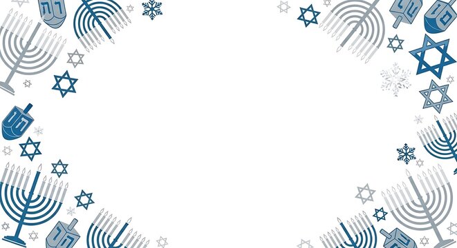 Hanukkah symbols border on white background with copy space jewish judaism