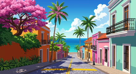 A vibrant digital art illustration of a colorful tropical street in a coastal town leading to a sunny ocean beach © PDWN Creative