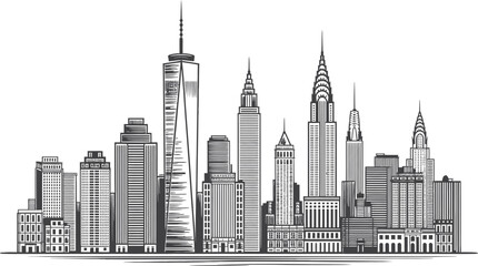 Naklejka premium Hand Drawn City Skyline with Skyscrapers in Black and White